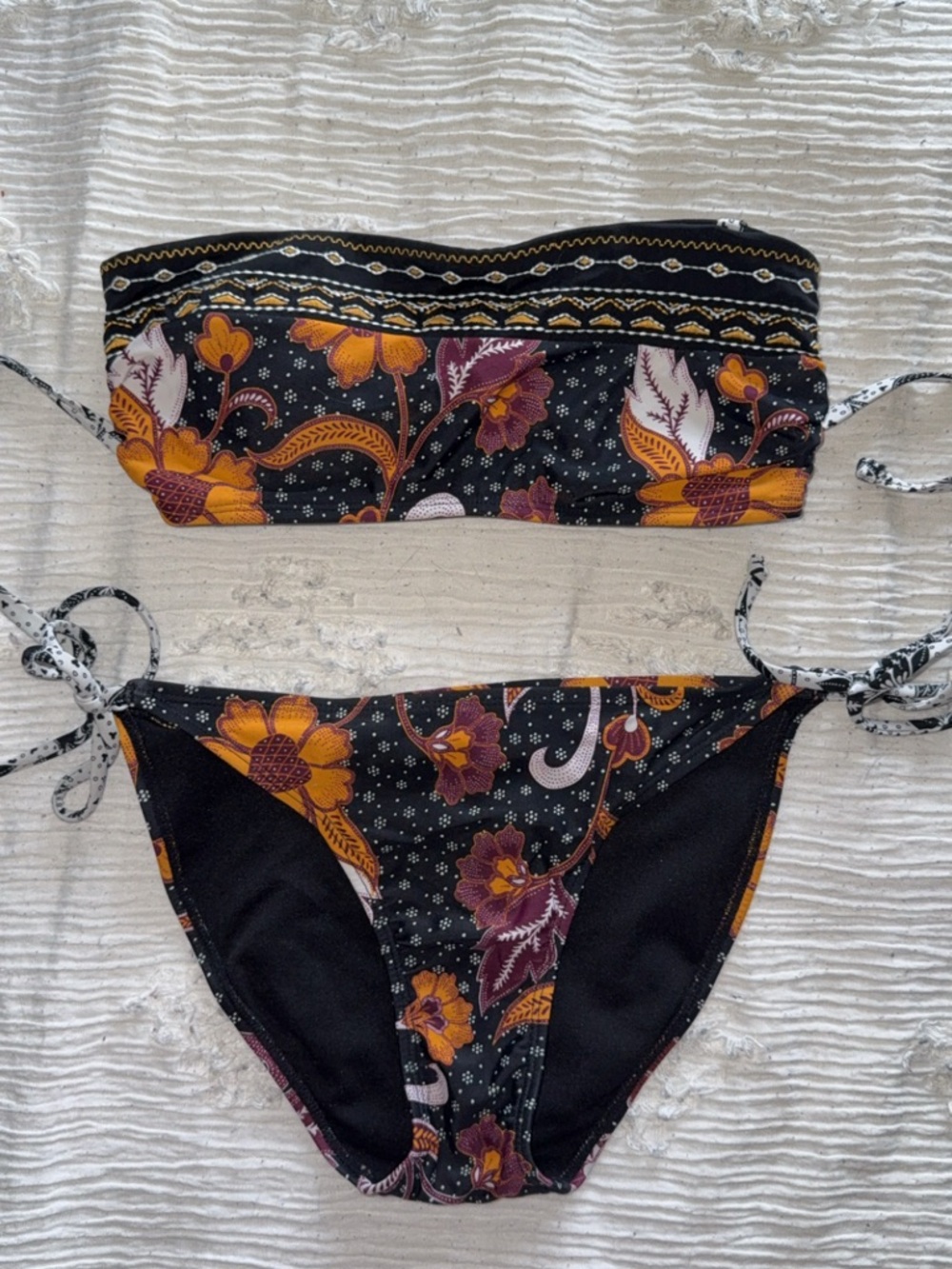 Xhilaration Black Bandeau Bikini with Mustard and Plum Floral Accents